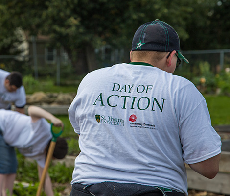 St. Thomas students working in a community garden for annual 午夜av Cares day of volunteering